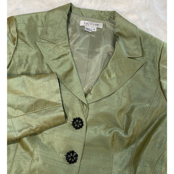 Kay Unger Women's 100% Shantung Silk Green Shimmer Jeweled Button Blazer‎ Sz 8 - Picture 1 of 9